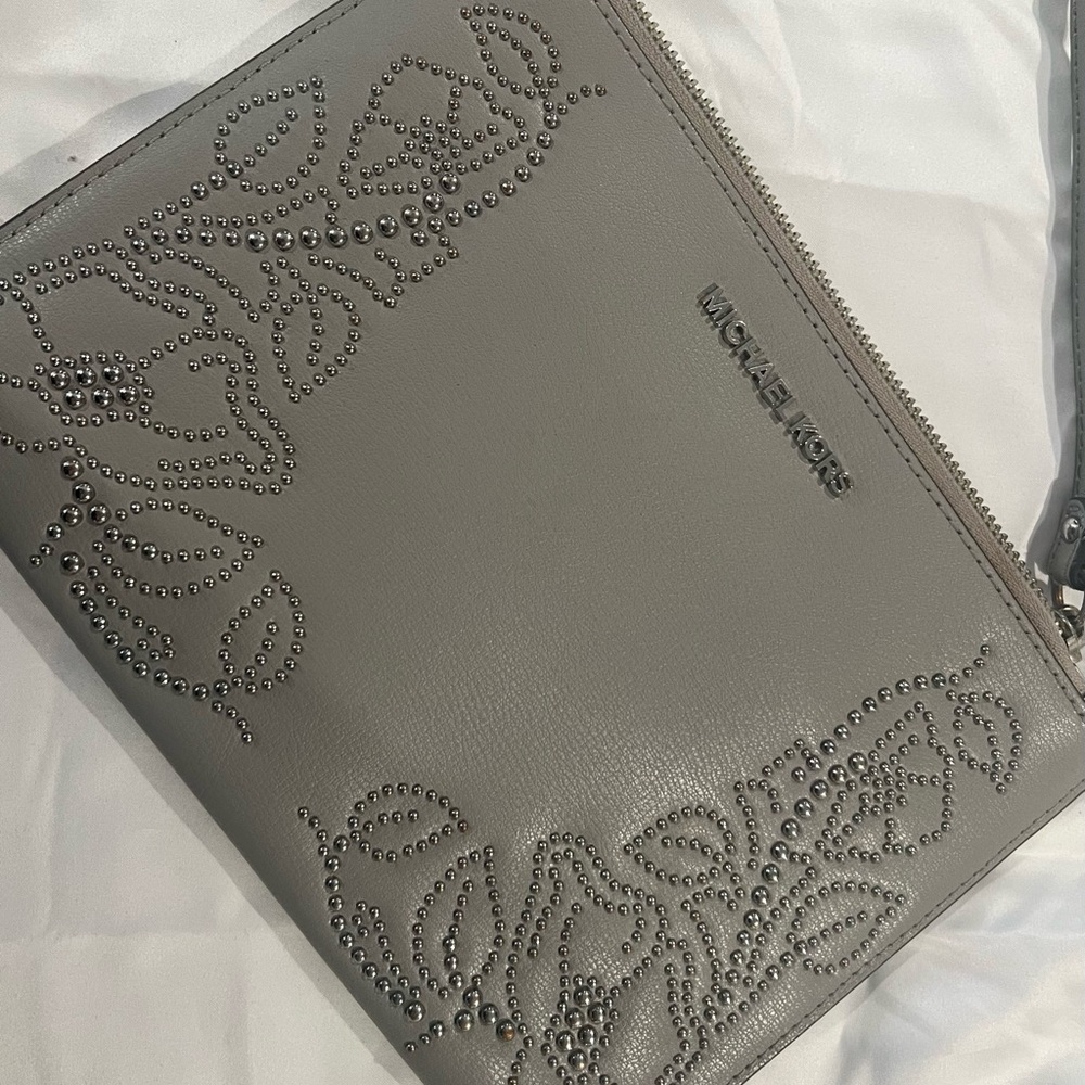 Michael Kors Gray Studded Leather Wristlet Clutch